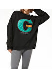 Kadın Sıfır Yaka Baskılı Oversize Sweatshirt