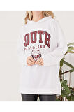 Kadın Sıfır Yaka Baskılı Oversize Sweatshirt