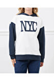 Kadın Baskılı Kapüşonlu Nyc Baskılı Oversize Üç İplik Sweat