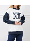 Kadın Baskılı Kapüşonlu Nyc Baskılı Oversize Üç İplik Sweat