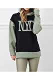 Kadın Baskılı Kapüşonlu Nyc Baskılı Oversize Üç İplik Sweat