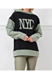 Kadın Baskılı Kapüşonlu Nyc Baskılı Oversize Üç İplik Sweat
