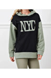 Kadın Baskılı Kapüşonlu Nyc Baskılı Oversize Üç İplik Sweat