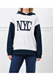 Kadın Baskılı Kapüşonlu Nyc Baskılı Oversize Üç İplik Sweat