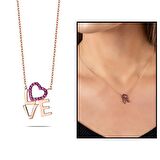 Pembe Zirkon Taşlı Love-Kalp Tasarım 925 Ayar Gümüş Bayan Kolye