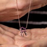 Pembe Zirkon Taşlı Love-Kalp Tasarım 925 Ayar Gümüş Bayan Kolye