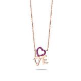 Pembe Zirkon Taşlı Love-Kalp Tasarım 925 Ayar Gümüş Bayan Kolye