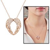Zirkon Taşlı Melek Kanadı Tasarım Gold Renk 925 Ayar Gümüş Kolye