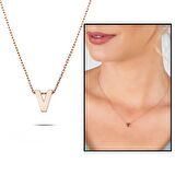 3D Tasarım Rose Renk 925 Ayar Gümüş " V " Harf Kolye