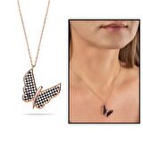 Siyah Zirkon Taşlı Zarif Tasarım Rose Renk 925 Ayar Gümüş Kelebek Kolye