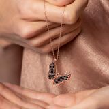 Siyah Zirkon Taşlı Zarif Tasarım Rose Renk 925 Ayar Gümüş Kelebek Kolye