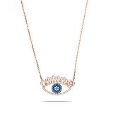 Zirkon-Turkuaz Taşlı Rose Renk 925 Ayar Gümüş Göz Kolye