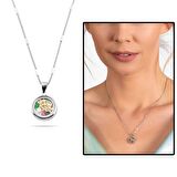 Tesbihane Multicolor Zirkon Taşlı Oval Tasarım Gül Detaylı 925 Ayar Gümüş Kadın Kolye