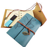 Özel Ahşap Kutulu Mavi Deri Defter ve Anahtarlık Seti 