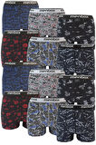 12 Adet Likralı Erkek Boxer Karışık Desenli Pamuklu