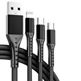 3IN1 SİYAH 1.2 METRE (MICRO USB - LIGHTNING - TYPE C) TELEFON ŞARJ KABLOSU 