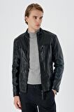 Dik Yaka Astarlı Slim Fit Dar Kesim Casual Deri Mont 1038235151 Siyah