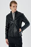 Dik Yaka Astarlı Slim Fit Dar Kesim Casual Deri Mont 1038235151 Siyah