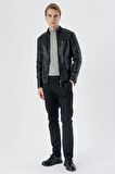 Dik Yaka Astarlı Slim Fit Dar Kesim Casual Deri Mont 1038235151 Siyah
