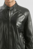 Siyah Hakiki Deri Dik Yaka Astarlı Slim Fit Dar Kesim Casual Deri Mont 1038235153