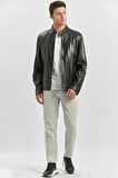 Siyah Hakiki Deri Dik Yaka Astarlı Slim Fit Dar Kesim Casual Deri Mont 1038235153