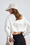 The Wellness Era Kahverenk Baskılı Oversize Beyaz Kadın Sweatshirt