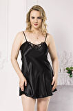 Arias Closet Büyük Beden Siyah Kısa Saten Gecelik OZN-12398