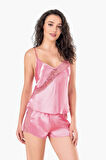Arias Closet Koyu Pembe Saten Babydoll Şort Takımı OZN-14127