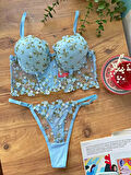 Aria's Closet Özel Tasarım Mavi Dantel İşlemeli Çiçek Desenli Destekli Bralet Takımı