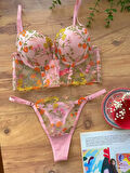 Aria's Closet Özel Tasarım Pembe Dantel İşlemeli Çiçek Desenli Destekli Bralet Takımı