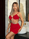 Aria's Closet Zincir Detaylı Göğüs Dekolteli Kırmızı Mini Club Elbisesi
