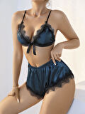 Arias Closet Lacivert Dantel İşlemeli Desteksiz Sütyenli Saten Şortlu Takım