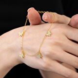 Beyaz Zirkon Taşlı Gold Renk Kelebek Tasarım 925 Ayar Gümüş Kadın Bileklik
