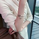 Beyaz Zirkon Taşlı Gold Renk Kelebek Tasarım Uzunluk Ayarlı Doğaltaş İnci Kadın Bileklik