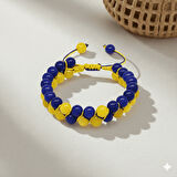 Çift Sıra Makrome Örgülü Küre Kesim Sarı Lacivert Jade Doğaltaş Erkek Taraftar Bileklik