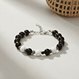 Gümüş Renk Metal Zincirli Küre Kesim Siyah Beyaz Jade Oniks Hematit Doğaltaş Erkek Taraftar Bileklik