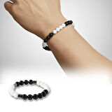 Küre Kesim Siyah Beyaz Jade Oniks Hematit Doğaltaş Erkek Taraftar Bileklik