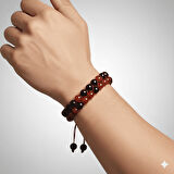 Çift Sıra Makrome Örgülü Küre Kesim Kırmızı Siyah Akik Oniks Doğaltaş Erkek Taraftar Bileklik