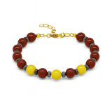 Gold Renk Metal Zincirli Küre Kesim Sarı Kırmızı Jade Akik Hematit Doğaltaş Kadın Taraftar Bileklik