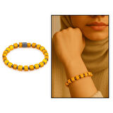 Hematit Doğaltaş Kombinli Küp Kesim Hardal Rengi Doğal Damla Kehribar Kadın Bileklik