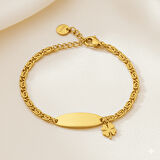 Çocuk Çelik Bileklik - İsme Özel Yazılı - Altın Renk - Yonca Yaprağı Detaylı - Espanzer Zincirli