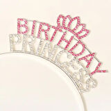 Periboia Kristal Taşlı Birthday Princess Yazılı Parti Tacı Pembe Renk 