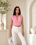 Vatkalı Kolsuz V Yaka Drapeli Crop Bluz Likralı Fit