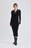 DeFacto Regular Fit Polo Yaka Yarım Fermuarlı Uzun Kollu Maxi Elbise C1493AX24SPBK27