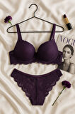 Mor Dantel Detaylı Push Up Sütyen Takımı