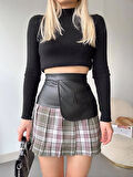 Deri garnili cepli ekose etek siyah s24604