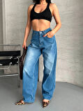 Baggy süper taş bıyık yıkama mavi jeans pantolon d2007