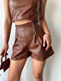 Çift fermuarlı deri şort kahve h24394