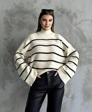 Çizgili ispanyol kol triko boğazlı kazak beyaz elf