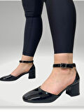 Günlük Kadın Abiye Ayakabı Bilekten Bağlı Önü Kapalı Siyah Kalın Topuklu Oval Burunlu 105